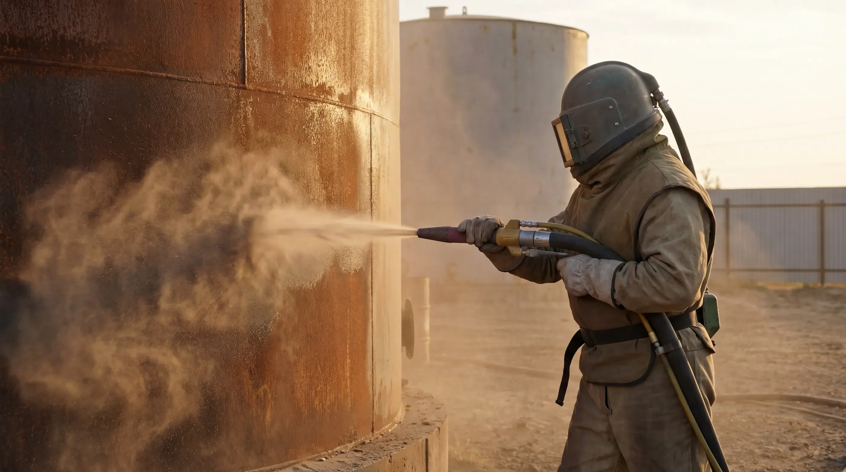 Dustless blasting removing corrosion from a large metal tank